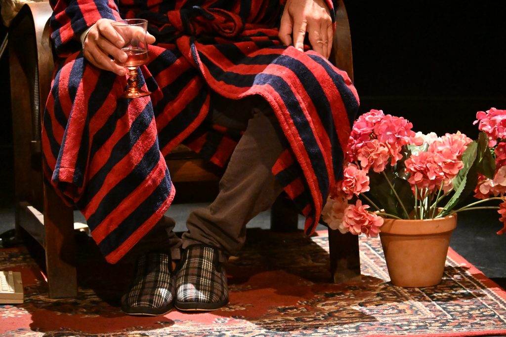 photographie en couleurs d'une pièce de théâtre. Seul en scène, écrit et joué par le comédien Laurent Paris.